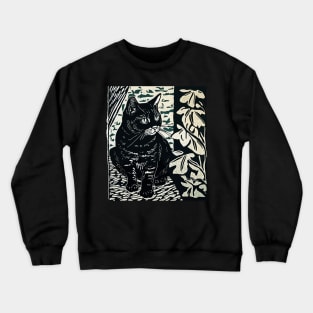 Woodblock print style illustration of black cat Crewneck Sweatshirt